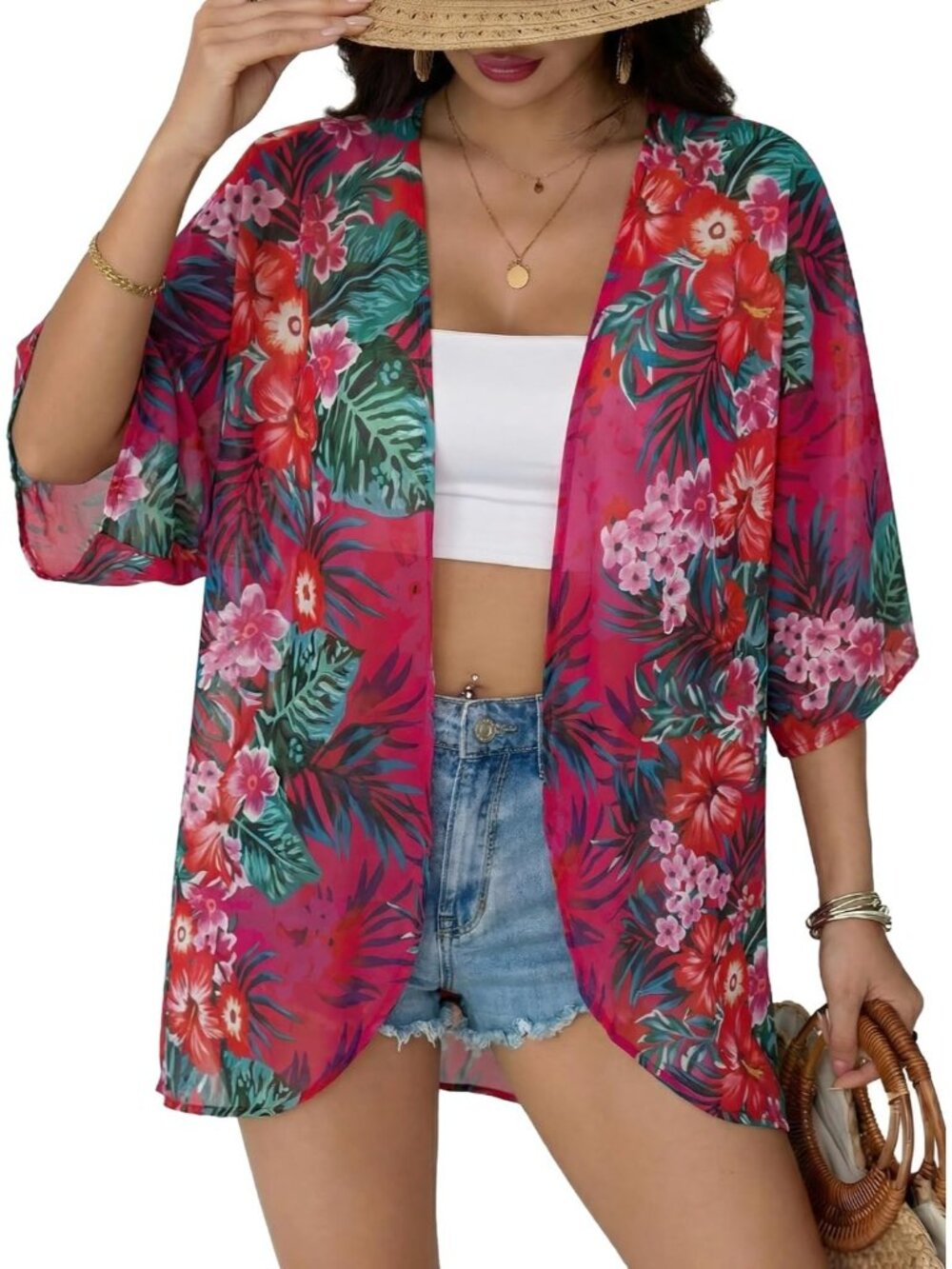 Women's Pinkish Red Chiffon Kimono Cardigan Open Front Blouse Swimwear Cover Up